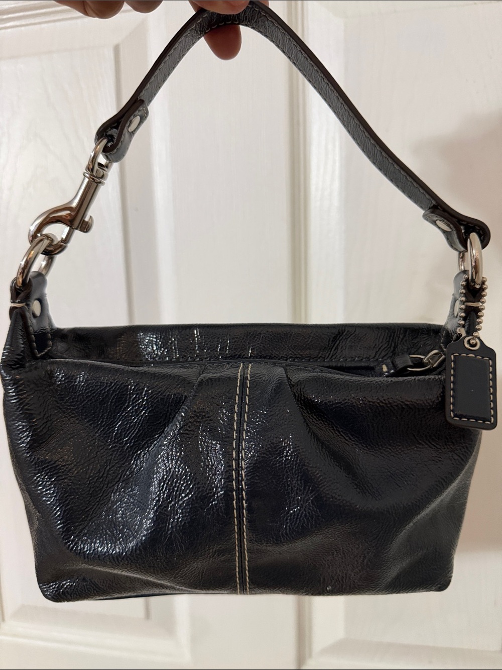 Coach dark blue Pebbled Leather Shoulder Bag with White Stitching